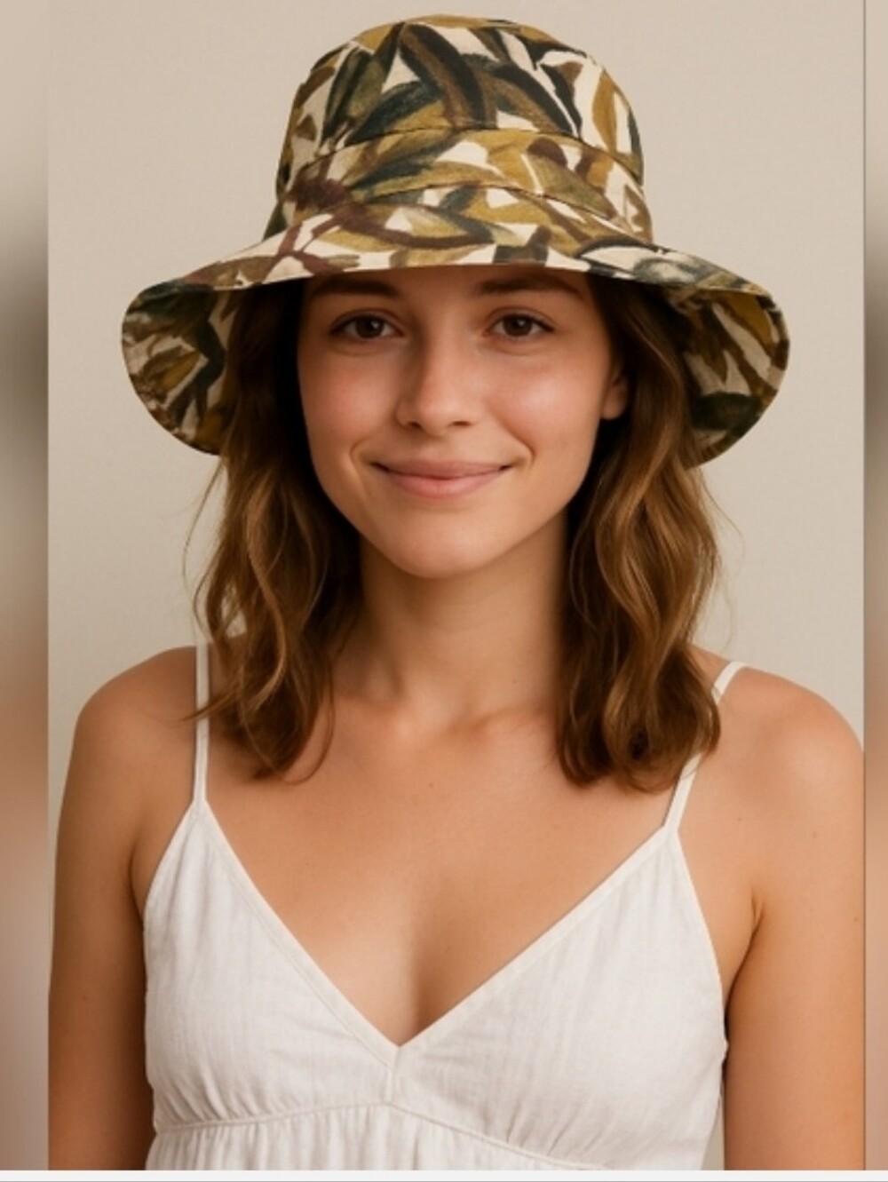 💚3/$30 Vintage Sanibel Linen Blend Tropical Leaf Pattern Bucket Hat Green Brown
